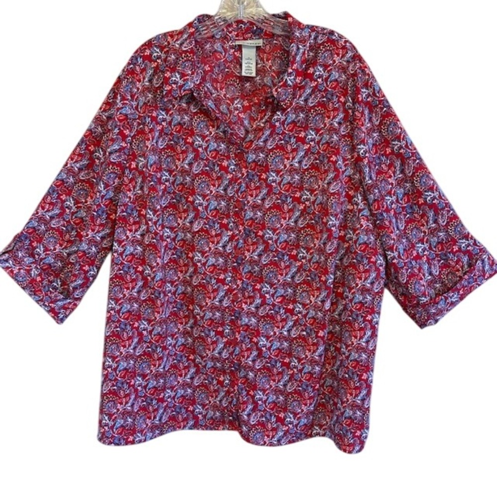 Red Paisley Button-Front Women's Blouse